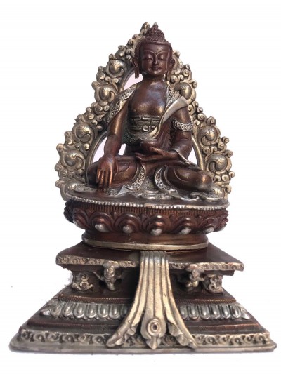 Tibetan Statue Of Shakyamuni Buddha, On Throne, [silver Plated Oxidized]