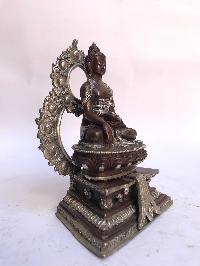 Tibetan Statue Of Shakyamuni Buddha, On Throne, [silver Plated Oxidized]