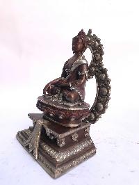 Tibetan Statue Of Shakyamuni Buddha, On Throne, [silver Plated Oxidized]