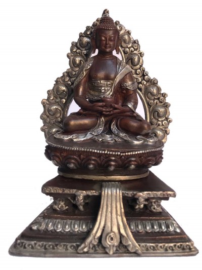 Tibetan Statue Of Amitabha Buddha, On Throne, [silver Plated Oxidized]