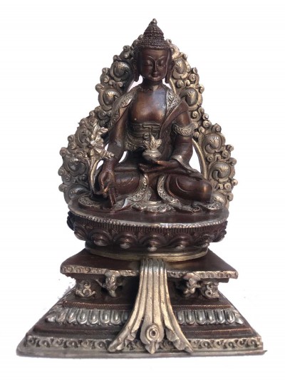 Tibetan Statue Of Medicine Buddha, On Throne, [silver Plated Oxidized]