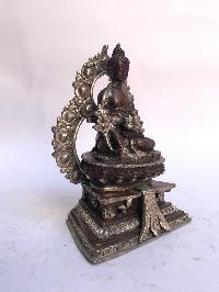 Tibetan Statue Of Medicine Buddha, On Throne, [silver Plated Oxidized]