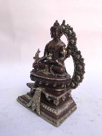 Tibetan Statue Of Medicine Buddha, On Throne, [silver Plated Oxidized]