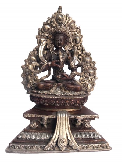 Tibetan Statue Of Vajrasattva, On Throne, [silver Plated Oxidized]