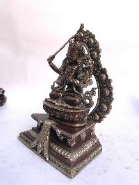 Tibetan Statue Of Manjushri, On Throne, [silver Plated Oxidized]