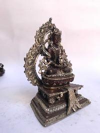 Tibetan Statue Of Amitayus, Aparimita, On Throne, [silver Plated Oxidized]