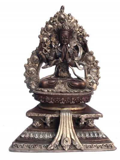 Tibetan Statue Of Avalokiteshvara, Chenrezig,on Throne, [silver Plated Oxidized]