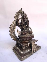 Tibetan Statue Of Avalokiteshvara, Chenrezig,on Throne, [silver Plated Oxidized]