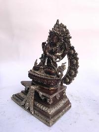 Tibetan Statue Of Avalokiteshvara, Chenrezig,on Throne, [silver Plated Oxidized]