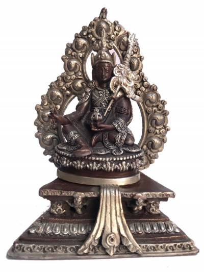 Tibetan Statue Of Padmasambhava, On Throne, [silver Plated Oxidized]