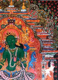 Tibetan Thangka Of Green Tara In [newari Paubha], With [real Gold]