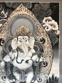 Tibetan Thangka Standing Ganesh Of In [newari Paubha], With [real Gold], Grayscale