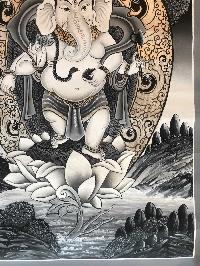 Tibetan Thangka Standing Ganesh Of In [newari Paubha], With [real Gold], Grayscale