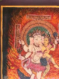 Tibetan Thangka Of Dancing Ganesh In [newari Paubha] Antique Finishing