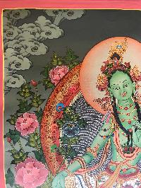 Tibetan Thangka Of Green Tara,traditional Color, [using Real Gold]