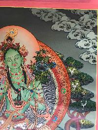 Tibetan Thangka Of Green Tara,traditional Color, [using Real Gold]