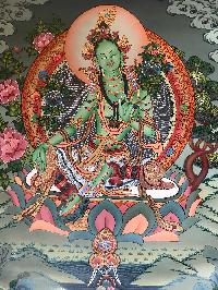 Tibetan Thangka Of Green Tara,traditional Color, [using Real Gold]