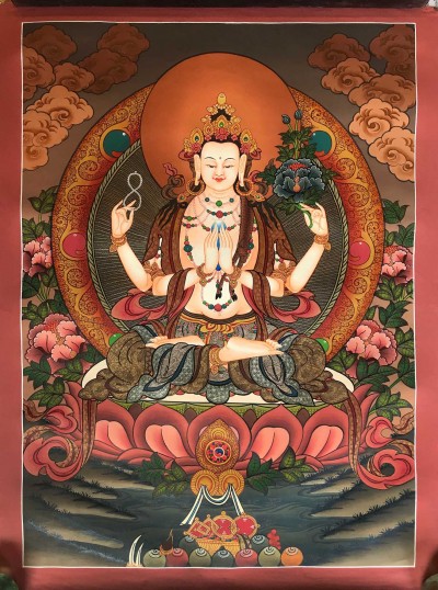 Tibetan Thangka Of Chenrezig - Kharcheri,traditional Color, [using Real Gold]