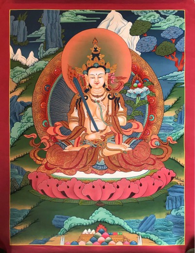 Tibetan Thangka Of Manjushri,traditional Color, [using Real Gold]