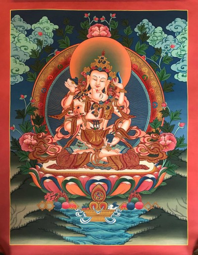 Tibetan Thangka Of Vajrasattva Yab Yum,traditional Color, [using Real Gold]
