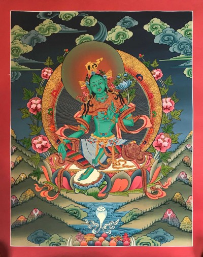 Tibetan Thangka Of Green Tara,traditional Color, [using Real Gold]