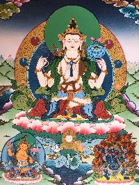 Tibetan Thangka Of Chenrezig-kharcheri,traditional Color, [using Real Gold],with [manjushri And Vajrapani [chana Dorje]]