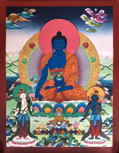 Tibetan Thangka Of Medicine Buddha,traditional Color, [using Real Gold]