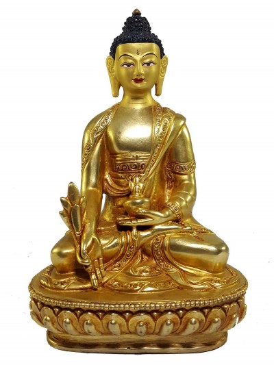 Tibetan Statue Of Medicine Buddha [full Fire Gold Plated] With [painted Face]