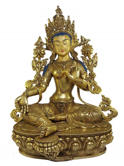 [hq], Tibetan Statue Of Green Tara [full Gold Plated] With [painted Face], And Deep Carving