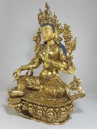 [hq], Tibetan Statue Of Green Tara [full Gold Plated] With [painted Face], And Deep Carving