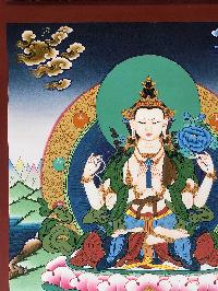 Tibetan Thangka Of Chenrezig With [real Gold], Aka [kharcheri, Avalokitesvara]