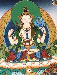 Tibetan Thangka Of Chenrezig With [real Gold], Aka [kharcheri, Avalokitesvara]