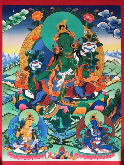 Tibetan Thangka Of Green Tara With [real Gold]