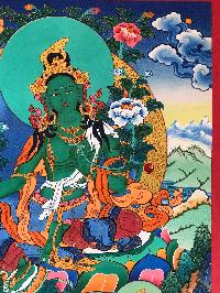 Tibetan Thangka Of Green Tara With [real Gold]