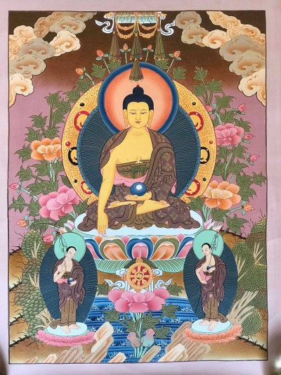 Tibetan Thangka Of Shakyamuni Buddha With His Two Disciples, [light Color], Real Gold