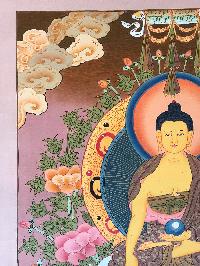 Tibetan Thangka Of Shakyamuni Buddha With His Two Disciples, [light Color], Real Gold