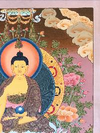 Tibetan Thangka Of Shakyamuni Buddha With His Two Disciples, [light Color], Real Gold