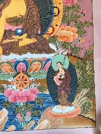 Tibetan Thangka Of Shakyamuni Buddha With His Two Disciples, [light Color], Real Gold