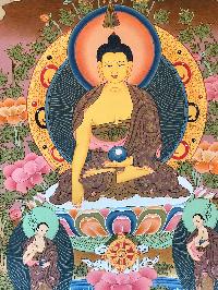 Tibetan Thangka Of Shakyamuni Buddha With His Two Disciples, [light Color], Real Gold