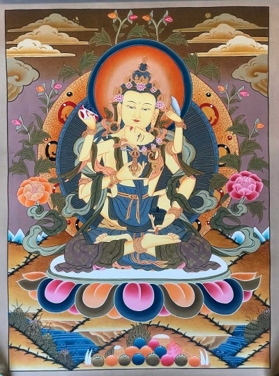 Tibetan Thangka Of Vajrasattva With Consort, [shakti], Yab-yum [light Color], Real Gold