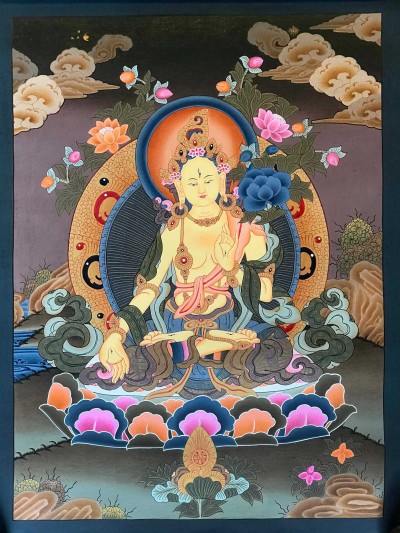 Tibetan Thangka Of White Tara [light Color], Real Gold