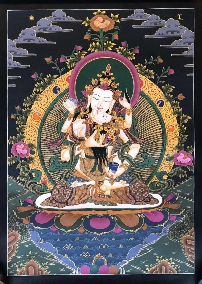 Tibetan Thangka Of Vajrasattva With Consort, [shakti], Yab-yum