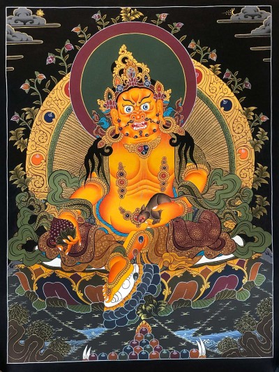 Tibetan Thangka Of Yellow Jambhala