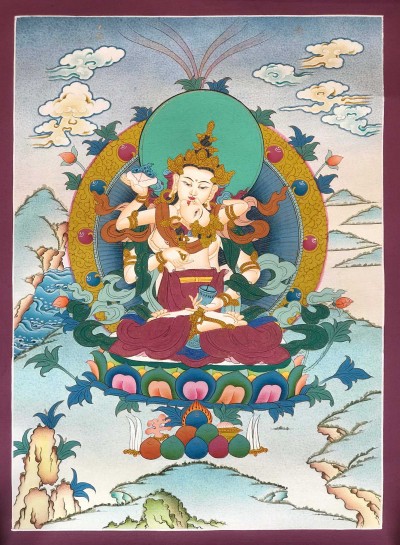 Tibetan Thangka Of Vajrasattva With Consort, [shakti], Yab-yum, [light Color]