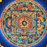 Tibetan Square Mandala With [hindi Om], [black And Dark Blue]