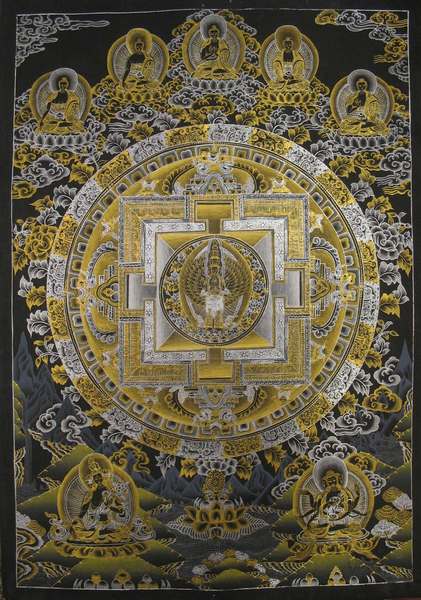 Tibetan Thangka Of Lokeshvara Mandala, [24k Real Gold]