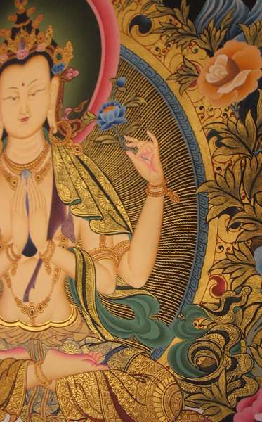 [hq] Tibetan Thangka Of Chengrezig, [24k Real Gold]