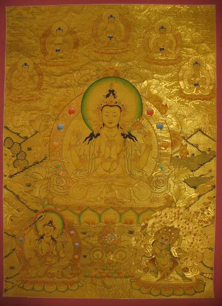 Tibetan Thangka Of Chengrezig, [24k Real Gold]
