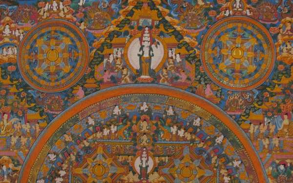 Tibetan Thangka Of Five Mandalas, [24k Real Gold]