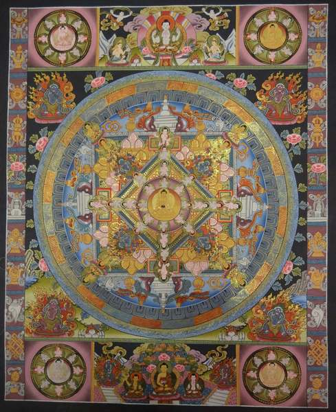 Tibetan Thangka Of Buddha Mandala, [24k Real Gold]